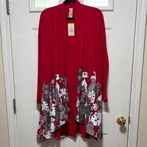 Red Open-Front Women’s Cat Print Cardigan